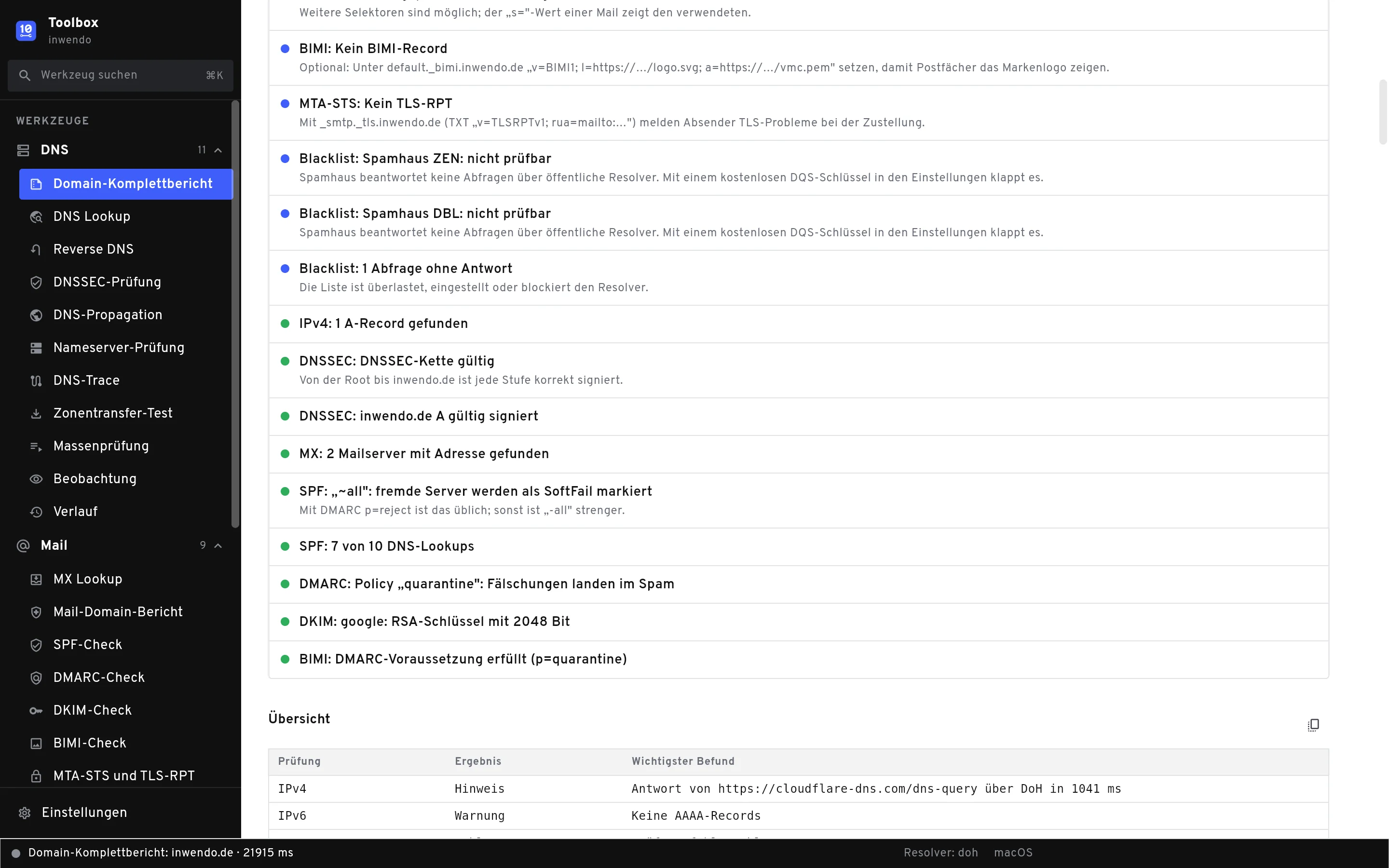Domain-Komplettbericht mit Übersicht über alle DNS- und Mail-Checks einer Domain
