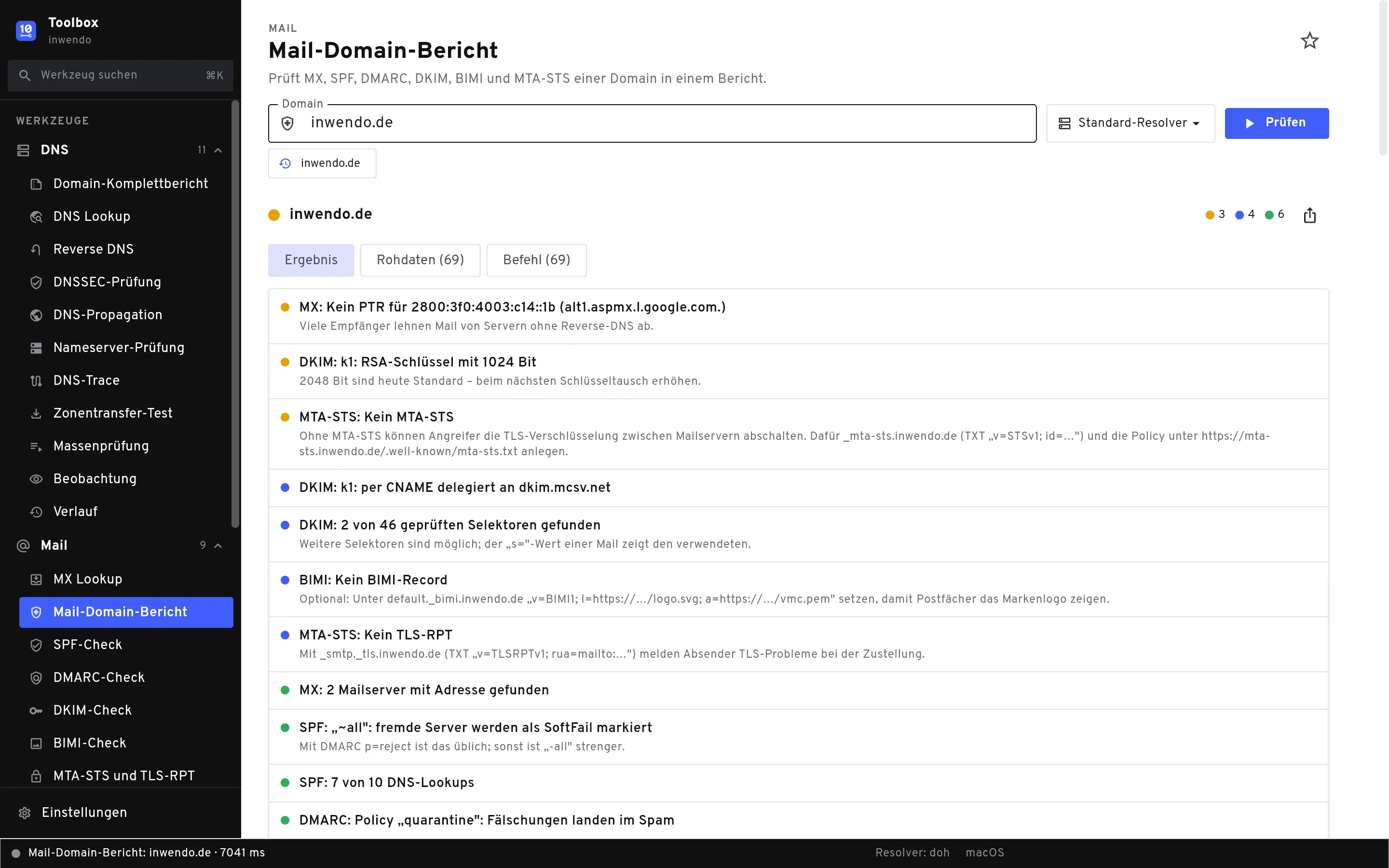 iw Toolbox mit dem Domain-Komplettbericht für inwendo.de: Befunde mit Ampel für DNS und Mail