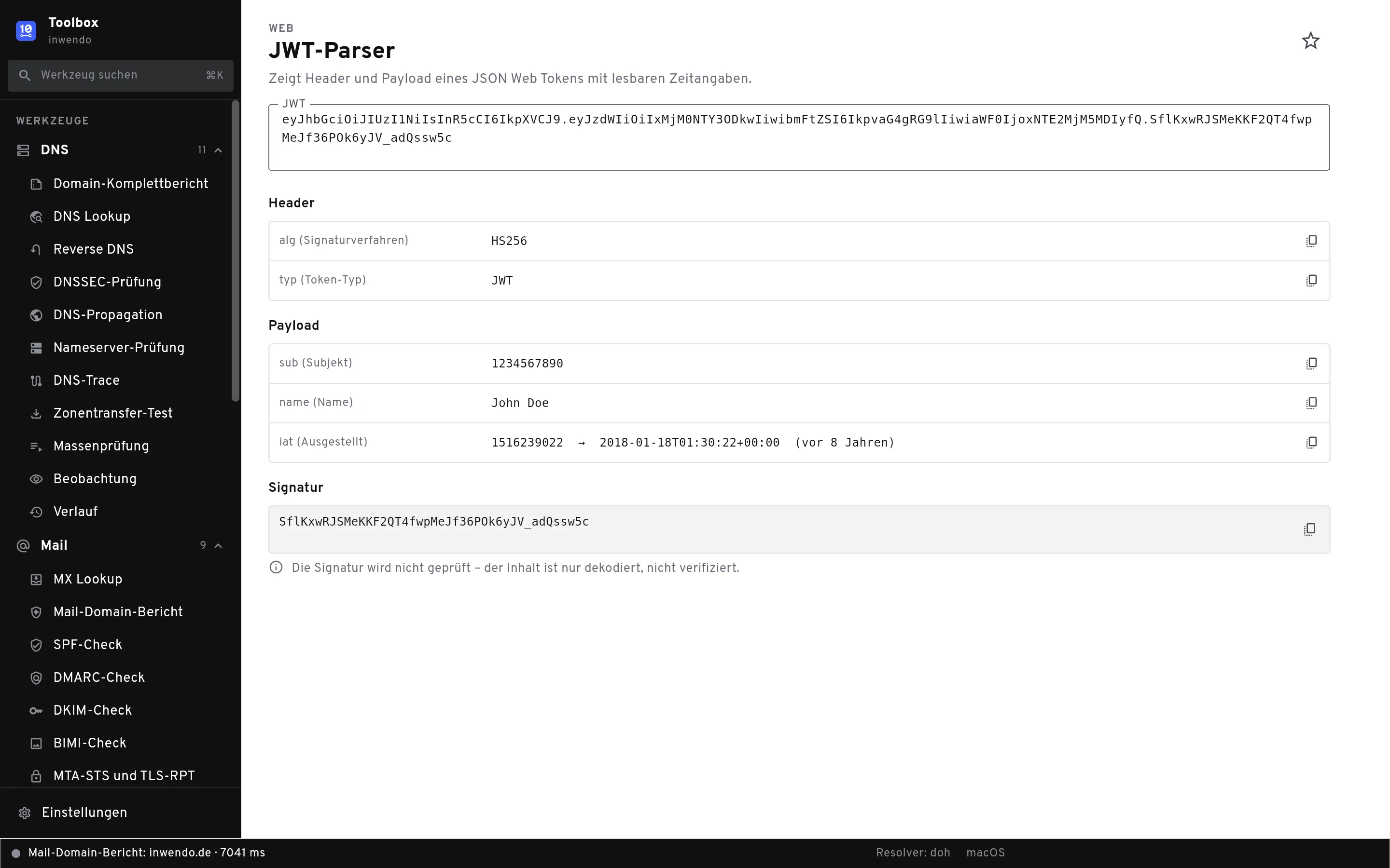 JWT-Parser der Toolbox mit dekodiertem Header und Payload