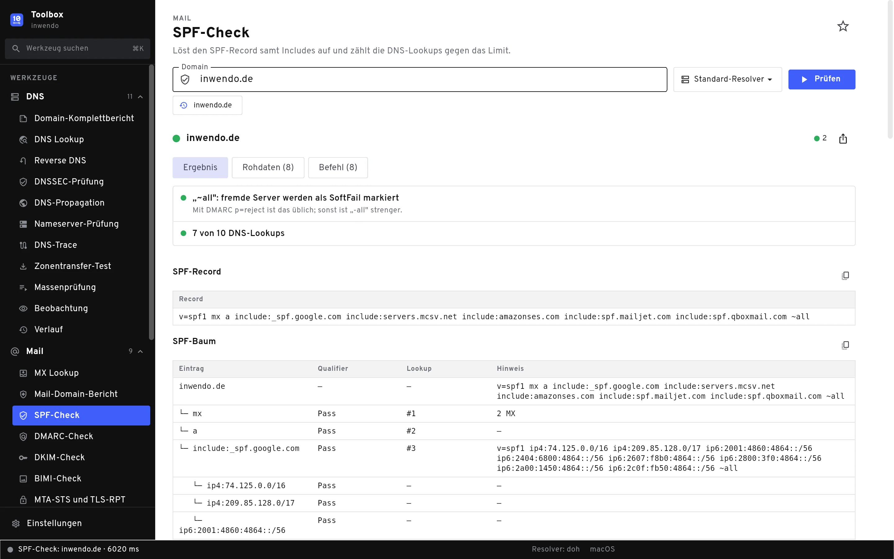 SPF-Check mit aufgelösten Includes und Zähler für DNS-Lookups